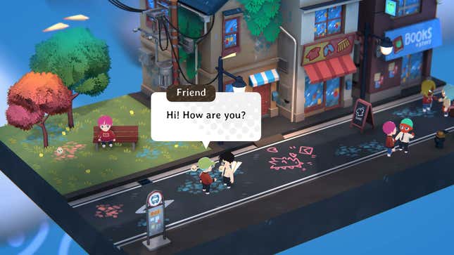 Two avatars in Kind diorama city talking with one saying "Hi! How are you?", Kind Words 2