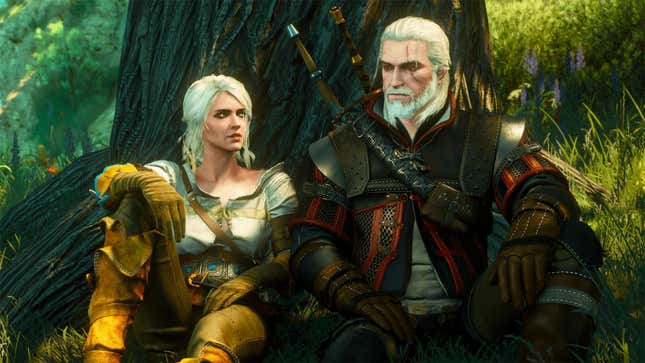 Geralt and Ciri sit against a tree during the daytime.