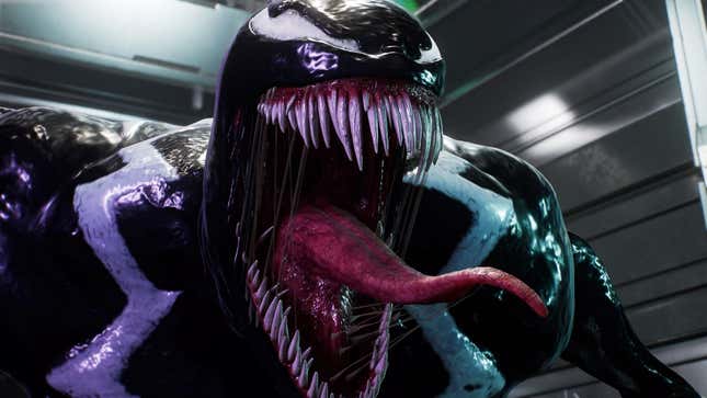 An image shows Venom from Spider-Man 2 screaming with his tongue out. 