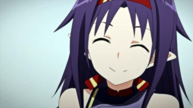 Sword Art Online samurai Yuuki Konno cheerfully smile into the camera.