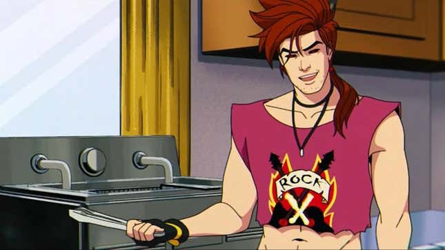 Gambit cooks in a kitchen in a croptop.