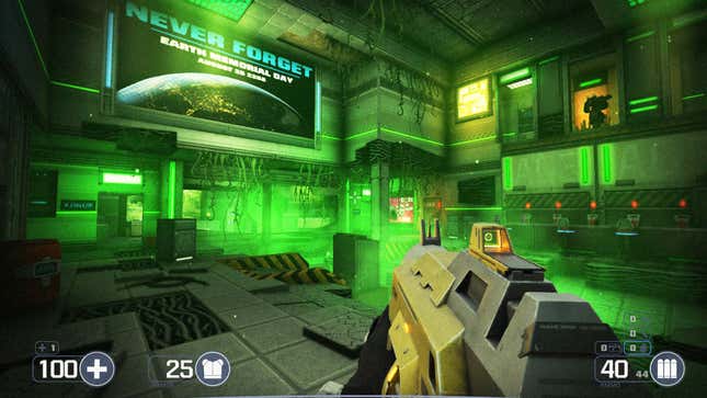 A screenshot shows a room in Selaco filled with green gas. 