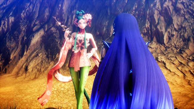 A character holding an object stands in front of another character with her back to the camera, revealing only her super long blue hair.