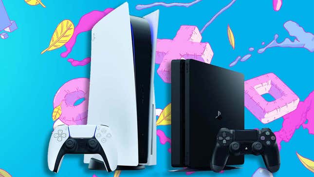 A PS5 and PS4 sit in front of a colorful background. 