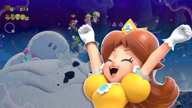An image shows Princess Daisy yelling next to a Super Mario Bros. Wonder screenshot. 