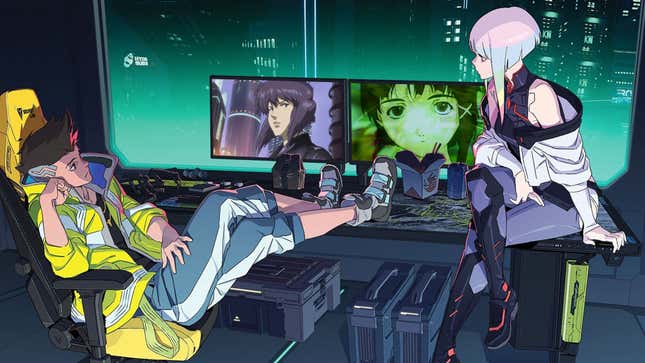 Ein Bild von „Cyberpunk: Edgerunners“ zeigt Lucy und David beim Anschauen von Serial Experiments Lain und Ghost in the Shell: Stand Alone Complex.