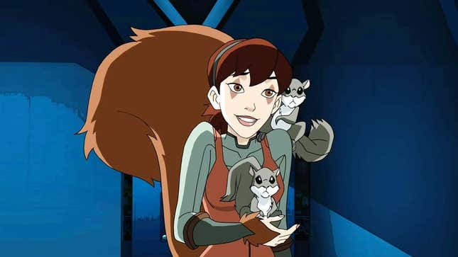 Squirrel Girl holds two squirrels in her hands and on her shoulder.