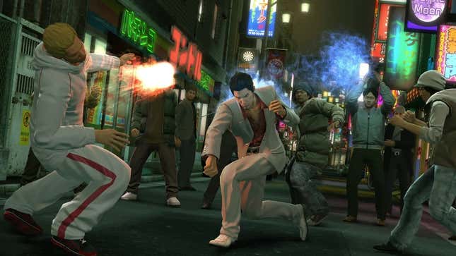 A screenshot of Kiryu fighting thugs in the remaster of the first Like a Dragon game, Yakuza Kiwami.