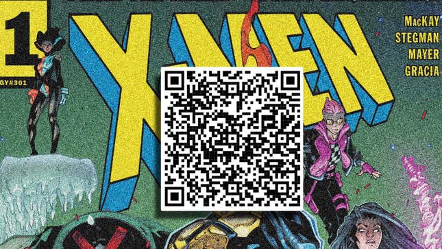 Una imagen muestra un código QR delante de una portada de X-Men. 