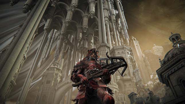 Elden Ring's player character stands before a massive structure while wielding a crossbow.