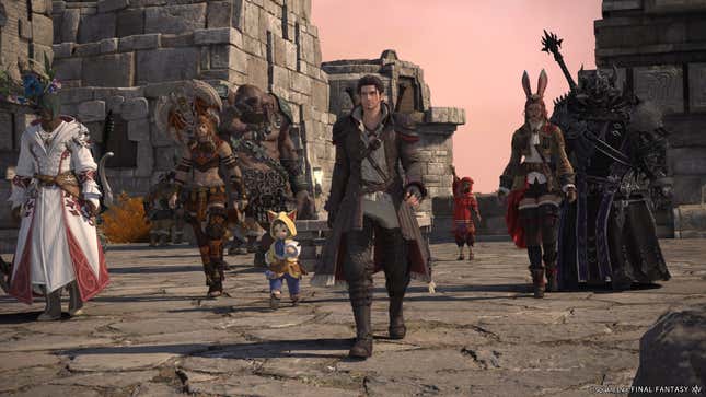 A screenshot of various player characters in Final Fantasy XIV: Dawntrail, spanning multiple jobs and races.