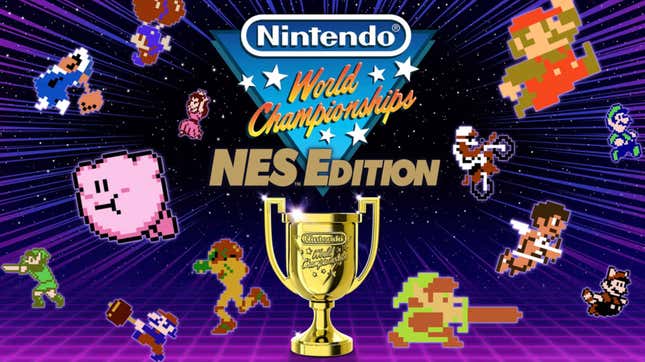 Promotional artwork for Nintendo World Championships: NES Edition, featuring 8-bit NES incarnations of characters like Mario, Link, Kirby, and, of course, the blue Ice Climber.