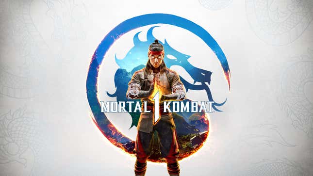 Liu Kang stands in front of the Mortal Kombat symbol with the MK1 logo in front of him.