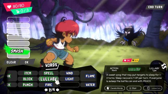 A kid with red hair fights a crow, a battle screen with words that can be strung together is shown