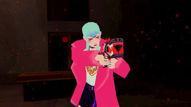 A woman with a pink coat and light blue hair points a gun