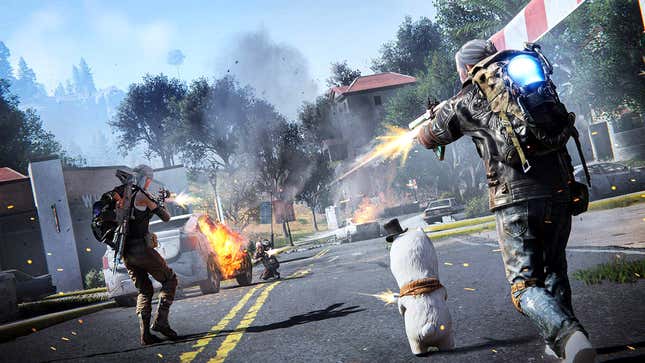 Characters walk forward on a suburban street while opening fire on an enemy.