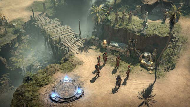 Characters stand near a portal and a bridge in Diablo 4.