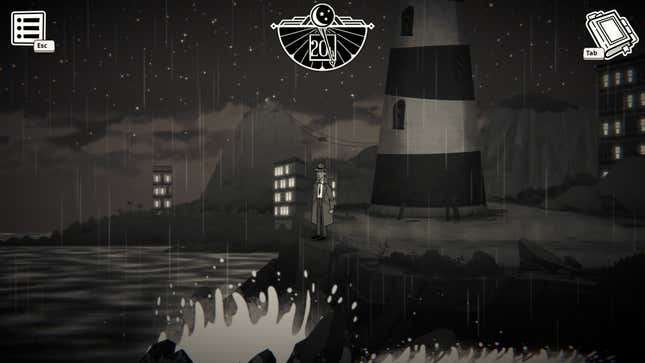 A noir detective stands overlooking the ocean with a lighthouse behind him while it rains