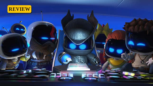 A screenshot of my Astro Bot dressed as the hunter from Bloodborne. They are surrounded by PlayStation characters (L-R: Atreus, Kulche, Kratos, Spike, Aloy, Nathan Drake) at a ship console.