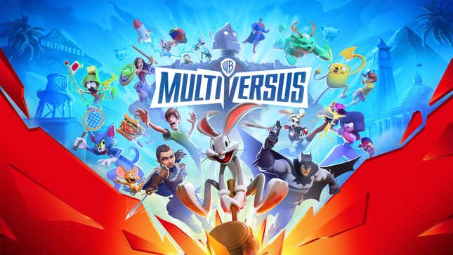 A promotional image for MultiVersus shows a host of WB characters, led by Bugs Bunny smashing down a big cartoon hammer.