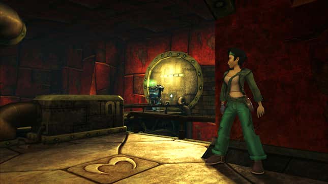 The protagonist of Beyond Good & Evil sneaks around a corner.