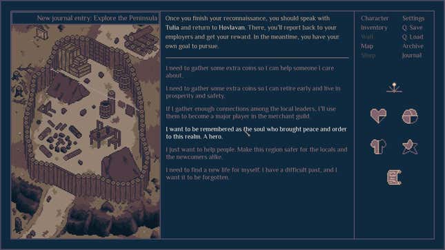 Text with choose your own adventure options to the left of pixel art of a small outpost in Roadwarden