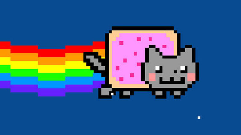 Pixel poptart cat flying and leaving a rainbow trail behind it