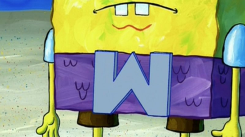 Spongebob Squarepants wearing Mermaid Man's belt with the letter M turned upside down 