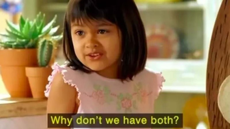 Girl in a pink frilly dress in a taco commercial | Why Don't We Have Both meme.