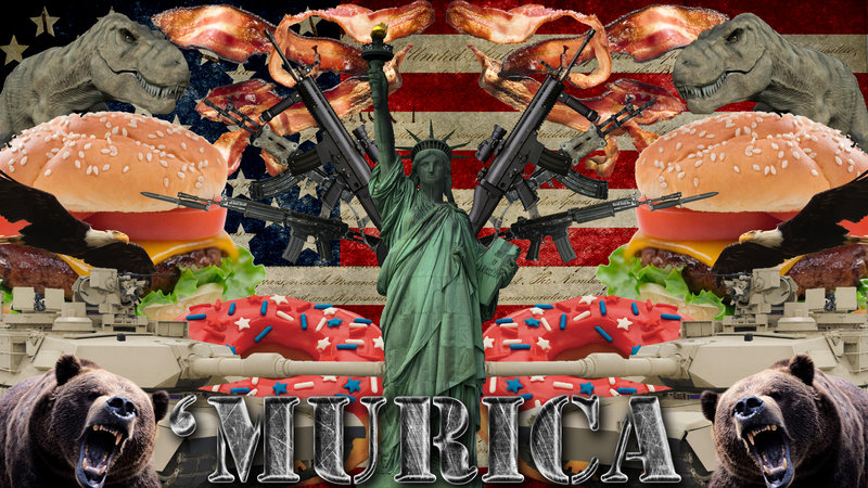 The word 'MURICA over a background of burgers donuts bears and the statue of liberty surrounded by a halo of guns