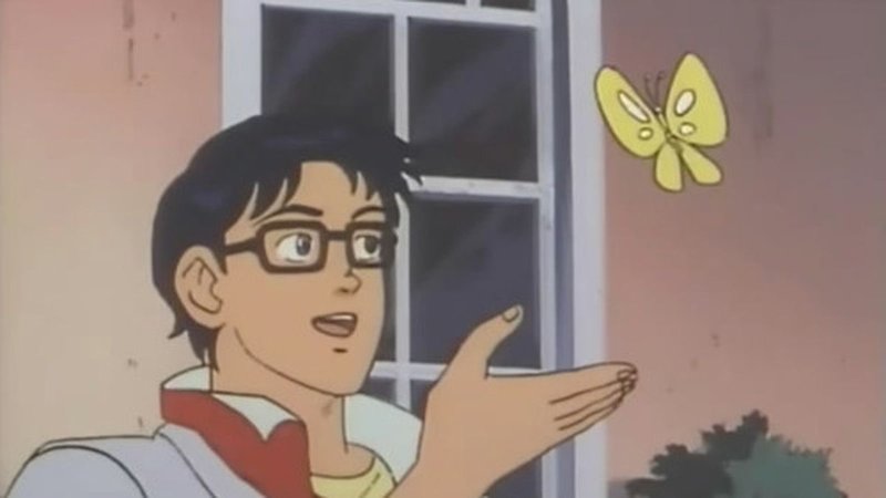 anime character in glasses motioning at a butterfly