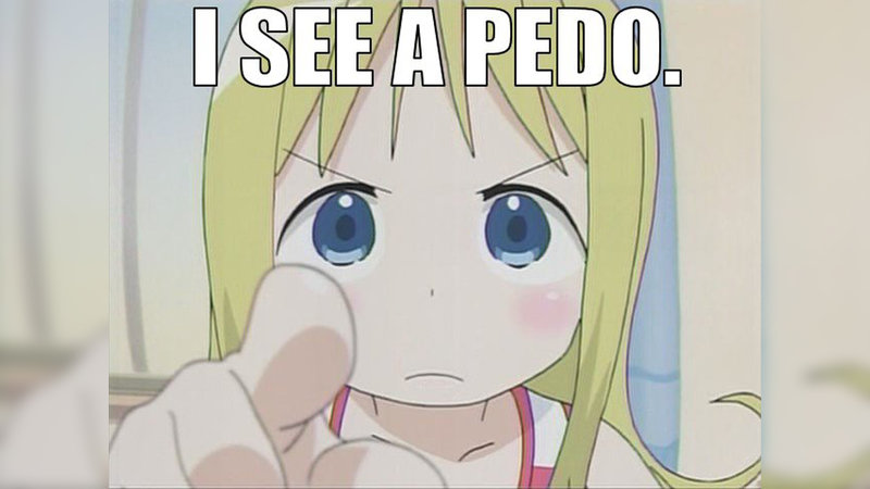 Lolicon meme with an anime character pointing at the camera and the caption "I see a pedo."