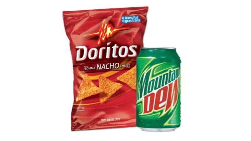 bag of Nacho cheese Doritos and a can of Mountain Dew