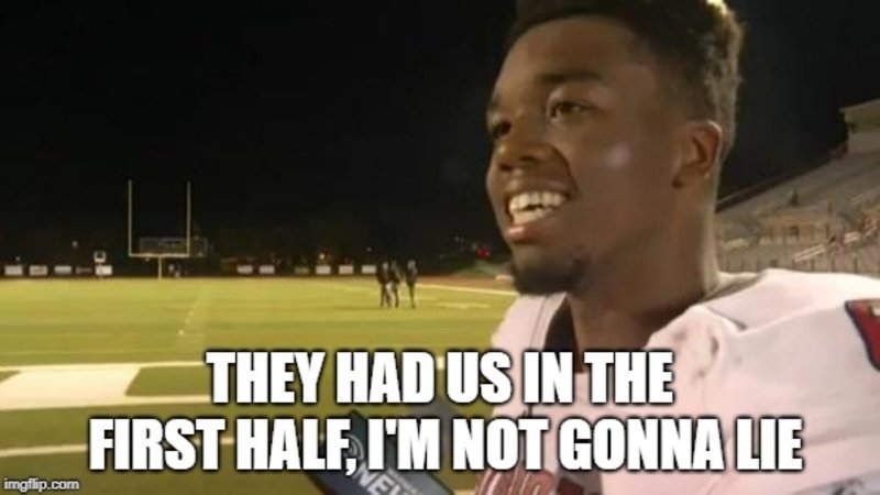 Guy in football gear being interviewed in front of a field | They had us in the first half I'm not gonna lie