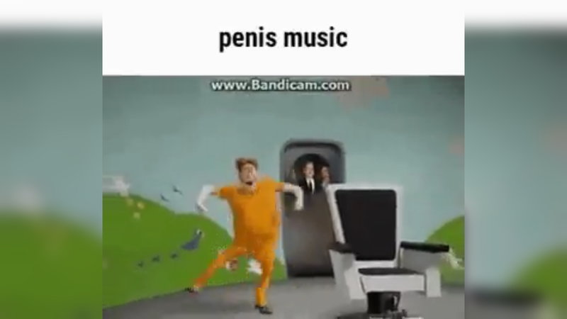 Penis music Hal Stewart from Megamind in an orange jumpsuit dancing while suited men watching through a window