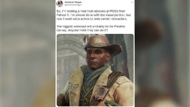 American Krogan Racist Mod Controversy depicting an image of a tweet from fallout 4 and the character Preston Garvey.