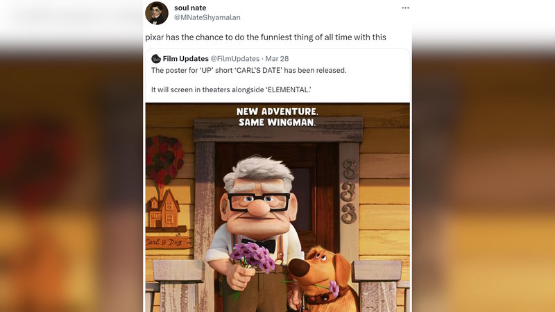 Potential to Do the Funniest Thing of All Time meme and tweet example depicting carl and doug from up.