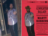 man in purple shirt pointing gun at the viewer and edited photo of him as a gunfighter in a cowboy hat 