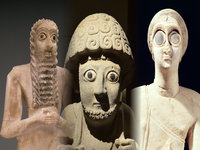three bronze age sumerian statues