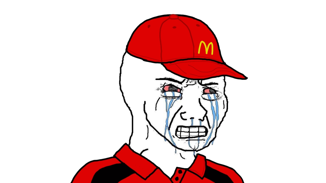 Crying wojak in a McDonald's employee uniform