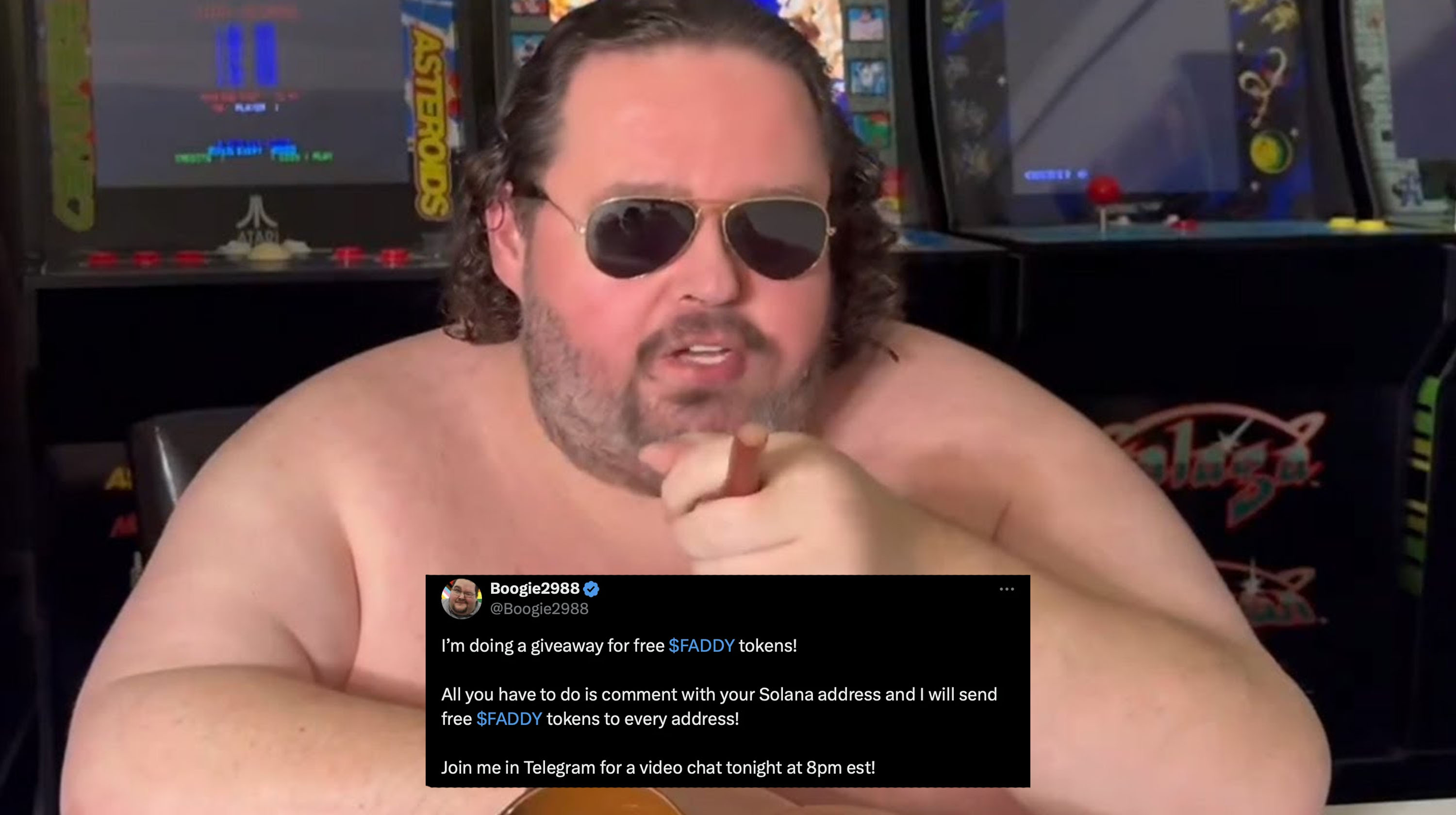 Boogie2988 Faddy Crypto Scam depicting the streamer and a tweet about the scam.