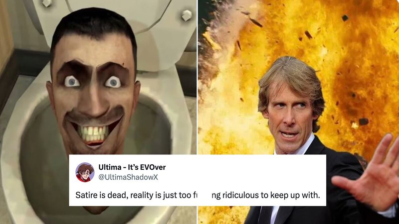 A tweet reacting to the Michael Bay Skibidi Toilet movie announcement.