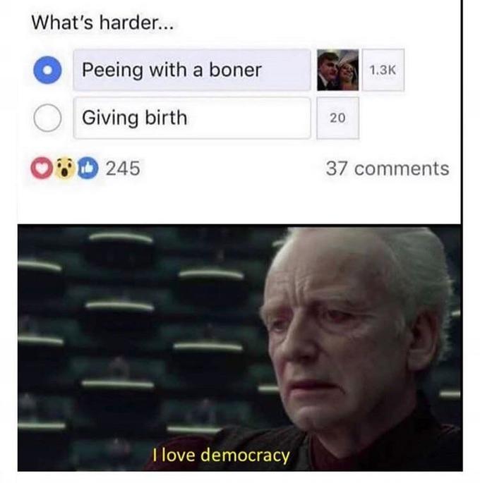 What's harder... Peeing with a boner 1.3K O Giving birth OD 245 37 comments I love democracy 20