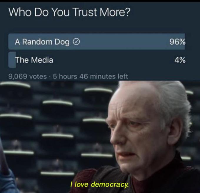 Who Do You Trust More? A Random Dog O 96% The Media 4% 9,069 votes 5 hours 46 minutes left I love democracy.