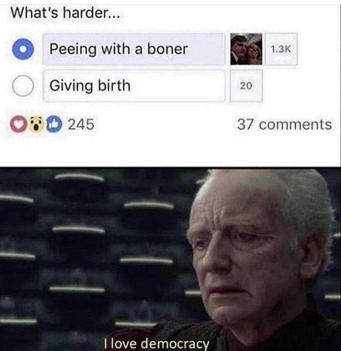 What's harde... Peeing with a boner 1.3K Giving birth 20 8245 37 comments I love democracy