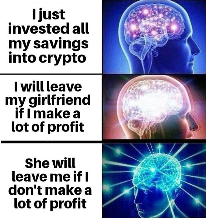 I just invested all my savings into crypto I will leave my girlfriend if I make a lot of profit She will leave me if I don't make a lot of profit