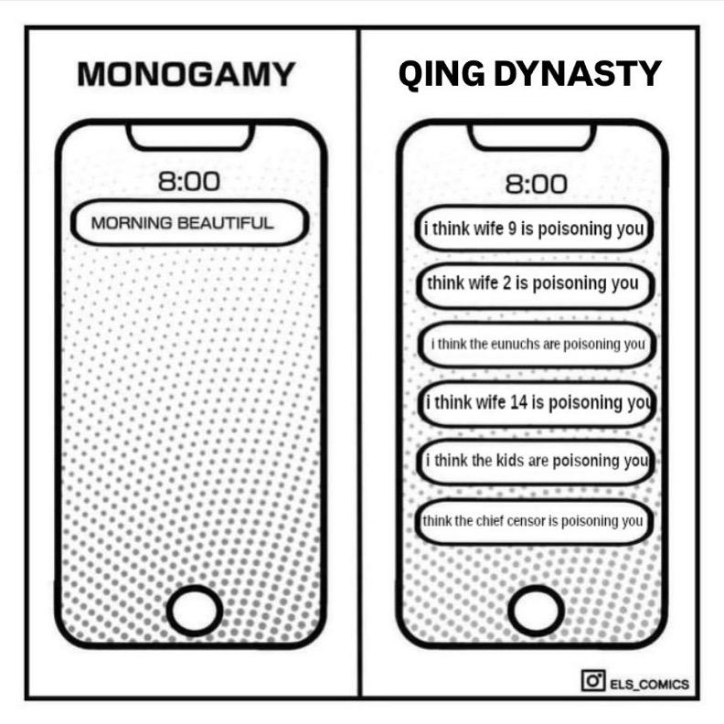 MONOGAMY QING DYNASTY 8:00 MORNING BEAUTIFUL 8:00 i think wife 9 is poisoning you think wife 2 is poisoning you i think the eunuchs are poisoning you i think wife 14 is poisoning you I think the kids are poisoning you think the chief censor is poisoning you ELS_COMICS