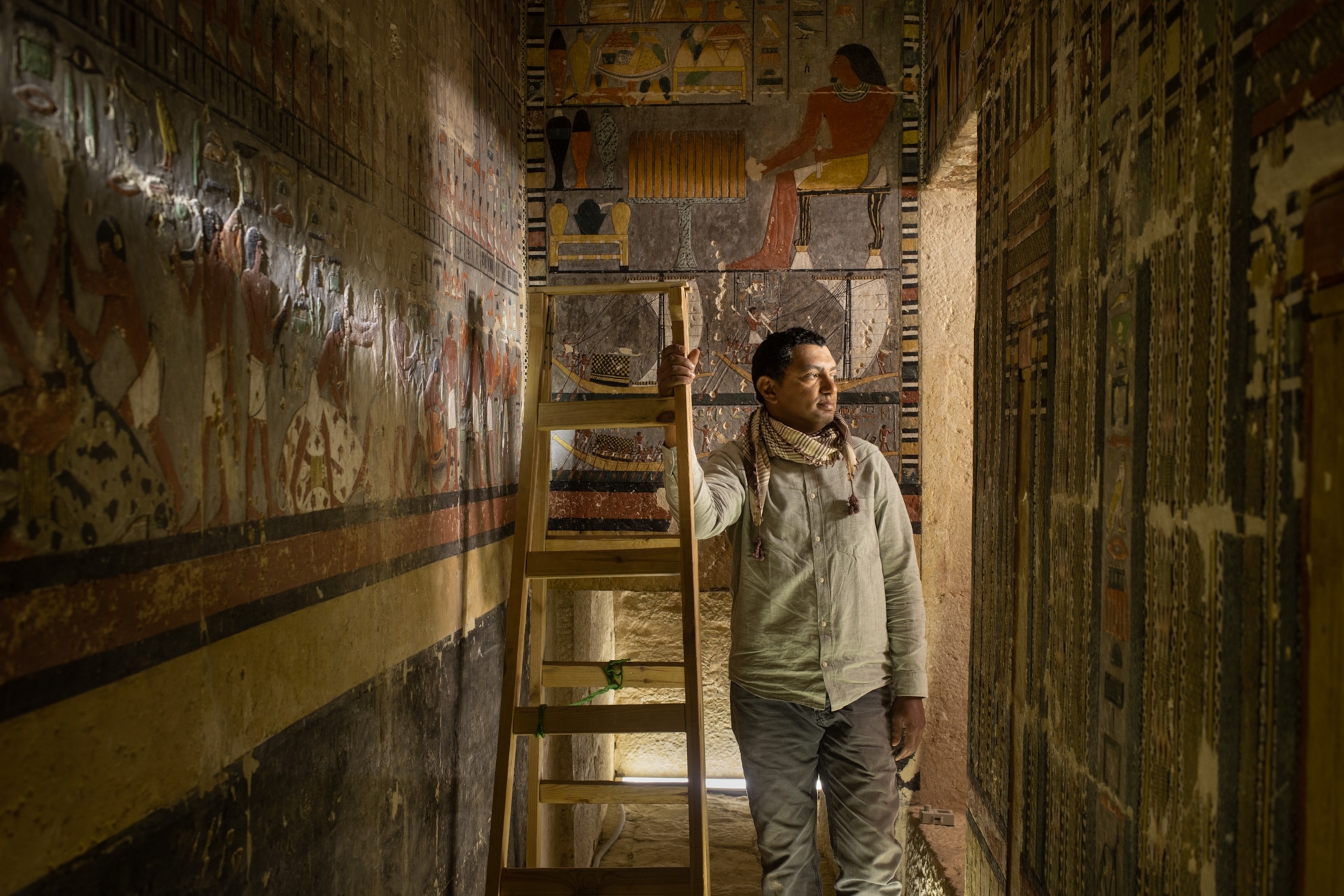 Portrait of Dr. Mohamed Abdel Moneim Megahed, Egyptian Archaeologist, inside the tomb of Khoi in Djedkare Cemetery at the Archaeological Area in Saqqara