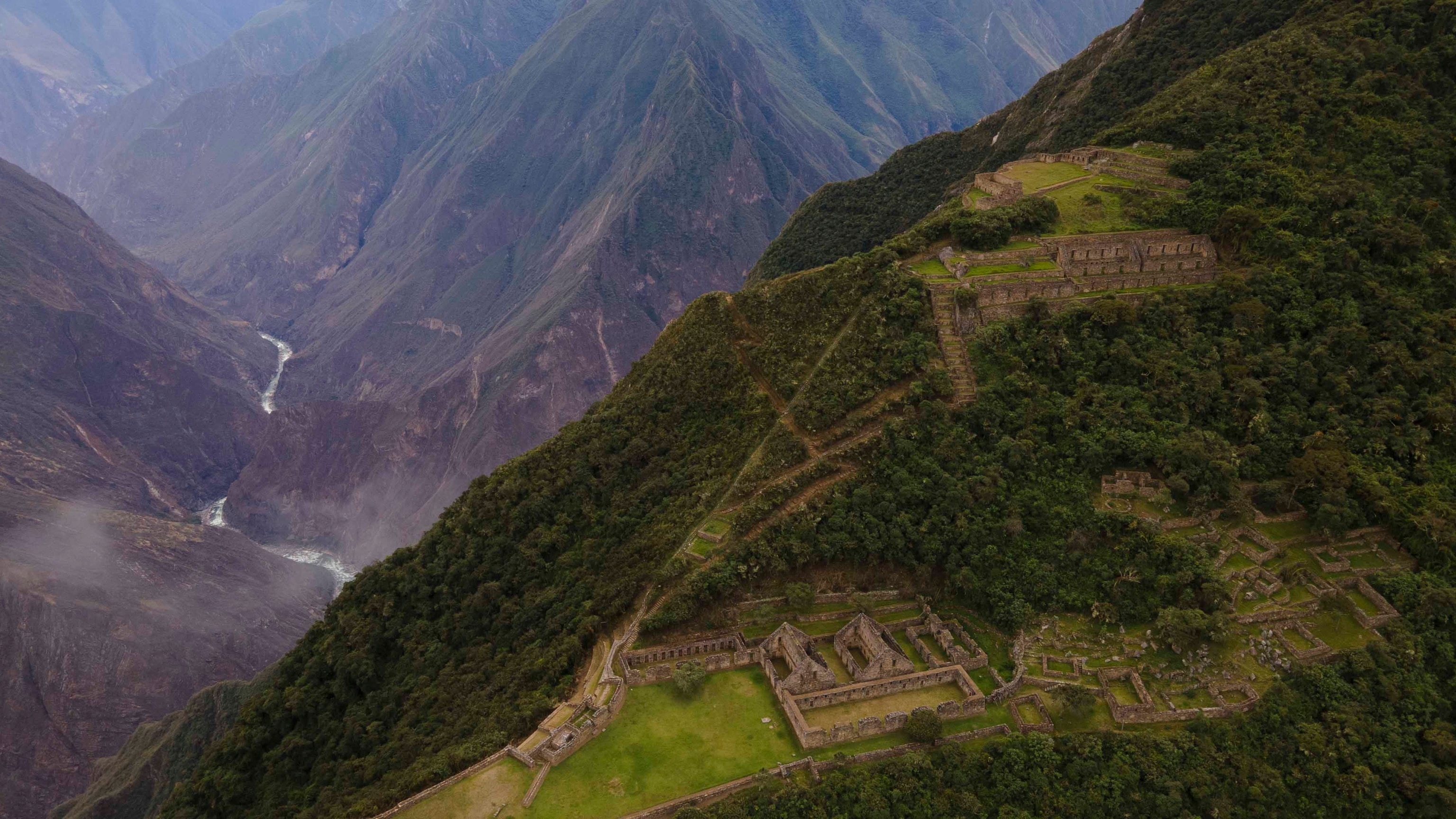 Aerial view of the Hanan zone (high) and the hurin zone (low) of the Choquequirao arqueological center