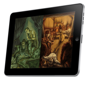 A mockup of a tablet displaying an image from each of two games: Dream Askew and Dream Apart.